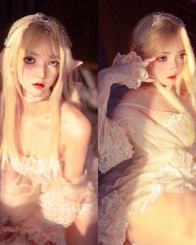 150cm/4ft9 Flat Chests Elf Ears Cosplay Realistic Full Silicone Sex Doll - Monica - Rose Wives